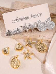 3 Pairs Elegant Women's CCB Starfish And Seashell Stud Earrings
