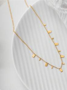 Nooxian 1pc Fashionable Stainless Steel Necklace For Women, Minimalist Geometric Cube Tassel Pendant Sweater Chain (Pendant Quantity Random) - Yellow Gold - View 5