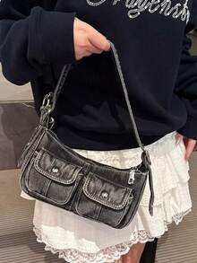 时尚复古女士单肩包，百搭优质腋下包，小众风格牛仔手提包带吊坠