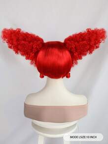 Parrucca da 10 pollici affascinante, rossa, corta e dritta, con ciuffi ricci e corna voluminose, per donne, feste in costume, cosplay, pagliacci. In fibra a bassa temperatura, pre-acconciata e pronta da indossare, dall'aspetto naturale.