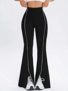 1pc Women's Plus Size High Waist Elastic Waistband Casual Slim Fit Multi-Function Cycling Pants With Splicing Ribbon And Slit Design - Black - View 1