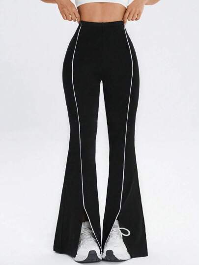 1pc Women's Plus Size High Waist Elastic Waistband Casual Slim Fit Multi-Function Cycling Pants With Splicing Ribbon And Slit Design