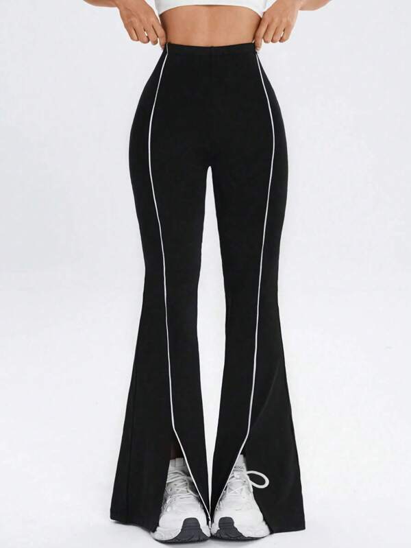 1pc Women Plus Size High Waist Elastic Casual Multi-Functional Splicing Strap Cycling Pants With Slit