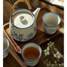 Vintage Japanese Handle Teapot Hand-Painted Household Cold Water Teapot Brewing Teapot Retro Rough Pottery Tea Cup Tea Set (1set, 450ML)