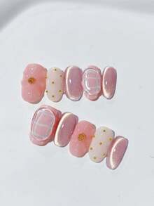 "10pcs Handmade Wearable Nail Set - Cute Simple Cat Eye Checkered Water Drop Design For Women And Girls - Perfect For Daily & Party Use - Includes 2 Tools"