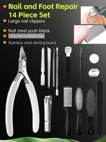 Set da 14 pezzi in acciaio inox: pinze a punta, coltello diagonale per rifinitura, strumento per levigatura e rifinitura della piastra del piede, tronchesino per unghie grande, estrattore per unghie, lima per unghie in acciaio, spugna lucidante per arte di unghie e riparazione dei piedi