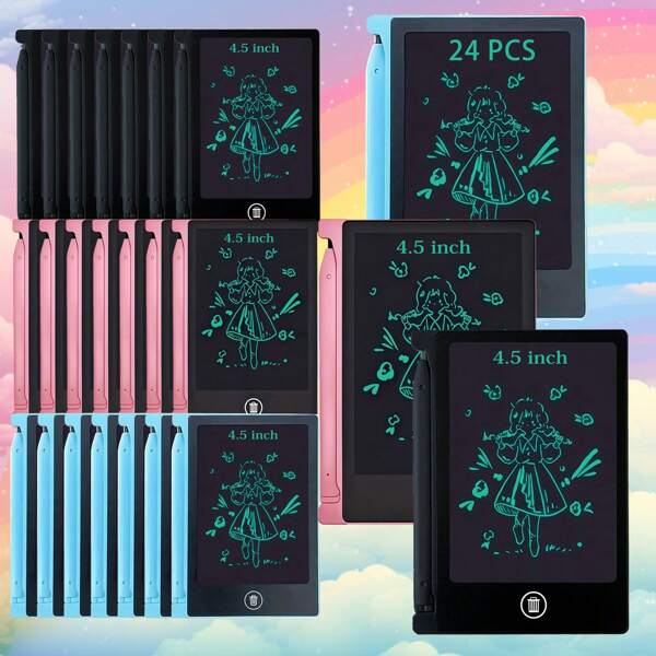 [Mini Electrónico] 24 piezas Tableta de escritura LCD mini de 4.5 pulgadas, pizarra de borrado electrónica reutilizable para niños, favor de cumpleaños, negro, rosa, azul