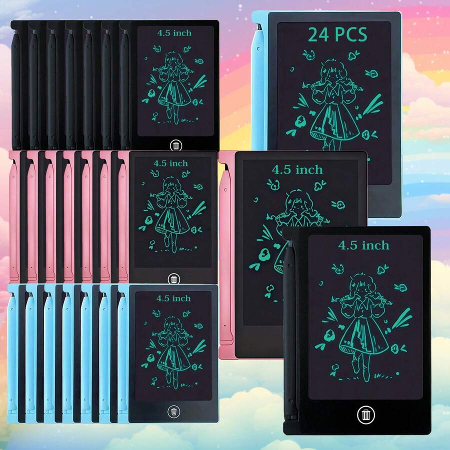 [迷你电子] 24 件迷你液晶手写板 4.5 英寸电子涂鸦板可擦除涂鸦板可重复使用儿童生日礼物 黑色、粉色、蓝色