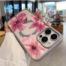 Dusty Pink Lilies Hibiscus Flowers Bloom-Pastel Magnetic Phone Case For IPhone 16/15/14/13/12/11/X/XS -Slim TPU Shockproof Cover,Anti-Slip & Scratch-Resistant, Summer Gift Idea - Grey - View 3