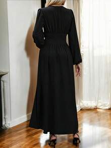 Maxi Vestido Elegante de Manga Larga y Escote en V Profundo con Abertura Lateral Alta en Pierna para Mujer - Negro - Ver 2