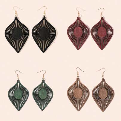 4 Pairs/Set Leaf Shaped Hollow Wooden Earrings, Suitable For Daily Wear