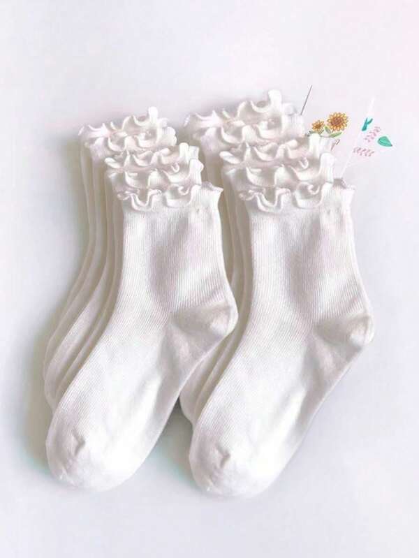 10 pares de calcetines casuales y versátiles para mujer, hasta el tobillo, con borde de volantes en color blanco