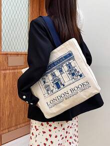 女士单肩包，伦敦书籍印花，女士休闲手提包，可重复使用，大容量，购物袋，沙滩包 - 米色 - 查看 4