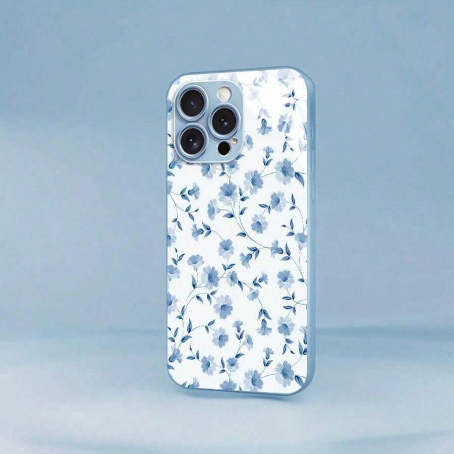 Funda para teléfono 1 pieza Una funda para teléfono con patrón floral azul adecuada para 16 Pro/15 Pro/14 Plus/13/12/11, con un diseño elegante, vidrio templado y una sensación de primera calidad. Teléfono - Blanco - Ver 1