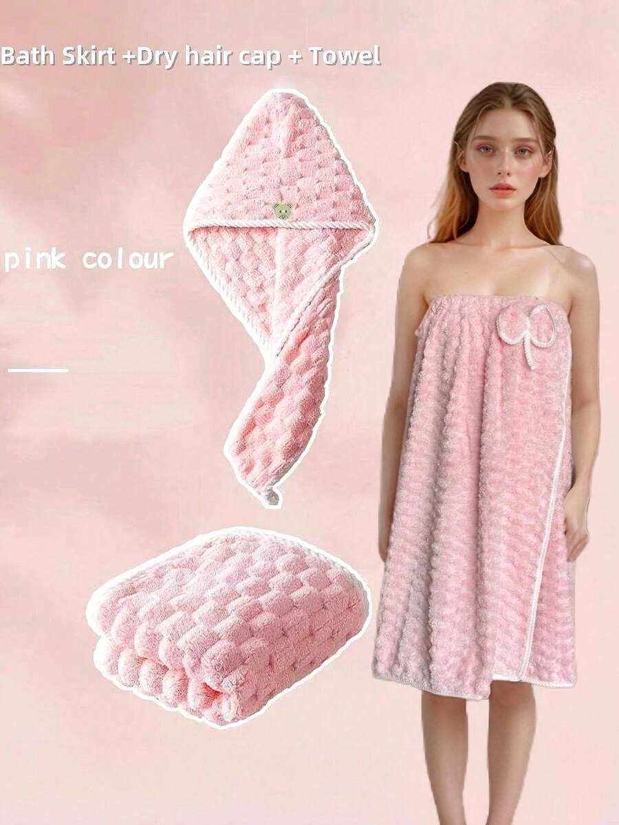 1 Áo choàng tắm móc và vòng bằng vải nỉ san hô & 1 Mũ tắm bằng vải nỉ san hô cho phòng tắm khi trở lại trường - Nhiều màu - Xem 1