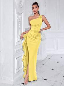 ADYCE Elegant One Shoulder Vintage Flowing Ruffled Front Split Thigh Long Dress For Ball And Evening Date Night Wedding Guest Back To School Summer Party - Yellow - View 9