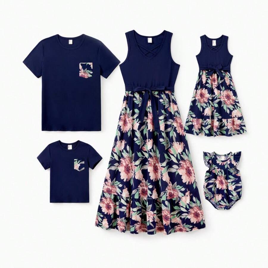PatPat Family Matching Blue Cotton Tee And Flora Splicing Tank Top Dress Sets - 深藍色 Dark Blue - 查看 1