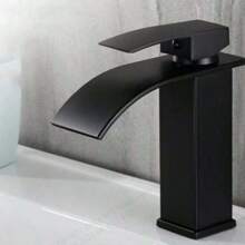 1pc Nordic Black Copper Basin Faucet, Waterfall Style Single Hole Cold & Hot Tap For Bathroom Vanity