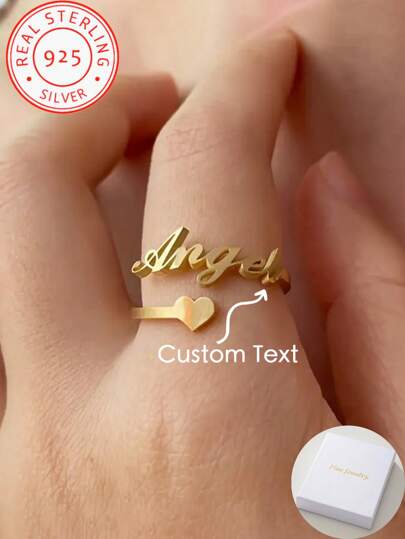 A 925 Silver Personalized Name And Heart Design Open And Close Adjustable Ring, Fashionable And Elegant, Suitable For Daily Wear And Party, Unique Gift For Girlfriend, Sister, Friend