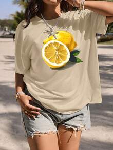 Damen Große Größen T-Shirts im Frühlings- und Sommerlook, Strand-Country-Resort-Club Zitronen-Muster Mädchen Lässig Fashion T-Shirts, große Größen T-Shirts, kurzärmelige Rundhalsausschnitt Lässig Oberteile