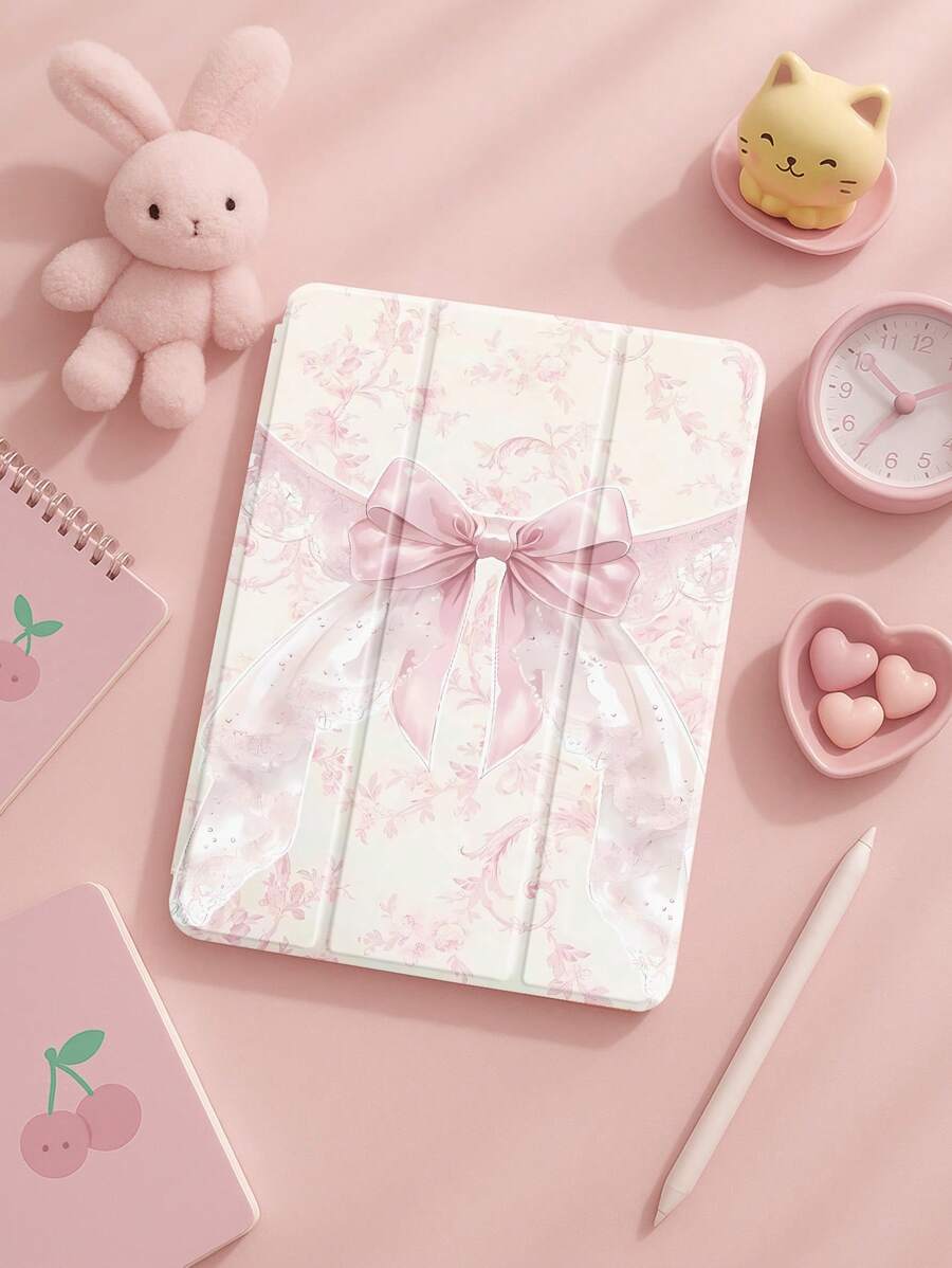 Beautiful Pink Flower Bow Pattern Transparent Silicone Shock-Absorbing Stand With Pen Slot, Suitable For Galaxy Tab A8 10.5, S6 Lite 10.4, S7/S8/S9Inch. It Supports Sleep Awakening As A Holiday Gift
