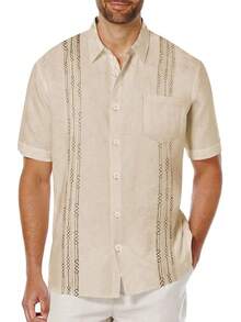 Mens Cuban Guayabera Shirt Short Sleeve Linen Button Down Shirts Casual Summer Beach Topshalloween - 卡其色 - 查看 1