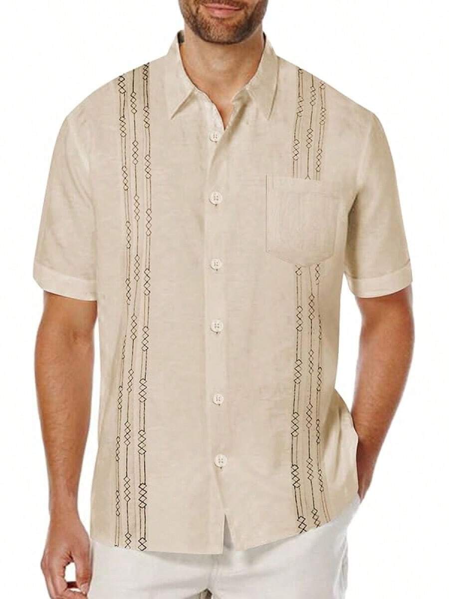 Mens Cuban Guayabera Shirt Short Sleeve Linen Button Down Shirts Casual Summer Beach Topshalloween - 卡其色 - 查看 1