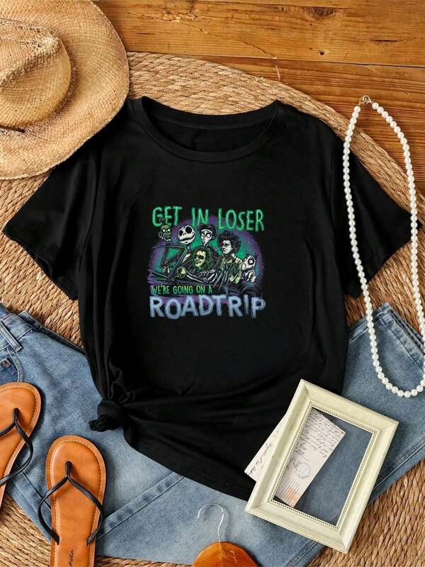 Warner Bros 180g Pure Cotton Get In Loser Afterlife Road Trip Shirt, Funny Halloween Ghost Tee, Spooky Dark Humor Shirt, Beetlejuice Inspired Parody Shirt Designer Clothes Stylish Comfortable Streetwear Soft Top For Everyday Wear Graphic Stretched Female Versatile Slightly Unisex