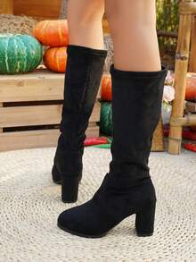 Women's New Solid Color Elastic Boots, Female Long Boots 7cm Chunky Heel Round Toe Suede Elastic Boots, Pull On, Plus Size 43, Fashion Versatile Casual Shoes - Black - View 7