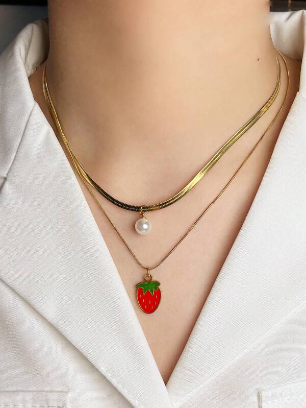 قلادة من الصفيح المقاوم للصدأ ذات طبقتين مزينة بخرزات من الراتنج وسحر الفاكهة (فراولة, بطيخ, كرز), مثالية لرحلات الصيف، الشاطئ، عيد الحب، والاستخدام اليومي، مناسبة لجميع المناسبات