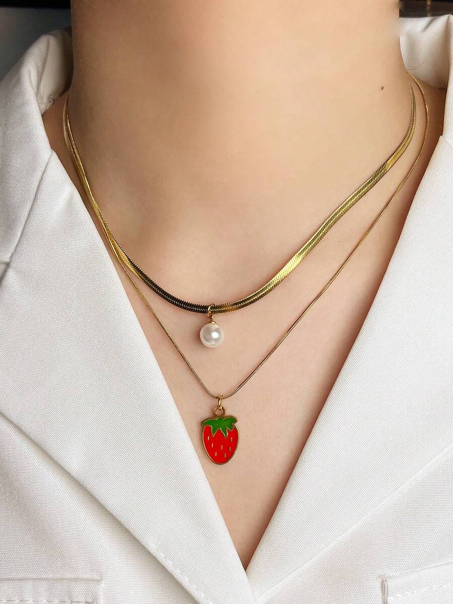 1 件不锈钢双层蛇骨项链，带树脂仿珍珠和水果吊饰（草莓、西瓜、樱桃），非常适合夏季郊游、海滩、情人节礼物和日常佩戴，适合所有场合