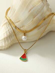 1 件不锈钢双层蛇骨项链，带树脂仿珍珠和水果吊饰（草莓、西瓜、樱桃），非常适合夏季郊游、海滩、情人节礼物和日常佩戴，适合所有场合