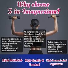 5-In-1 Magnesium Complex Supplement 420mg + Vitamin B6 30mg, Support Heart, Relaxation, Sleep & Bone Health - 120 Vegan Capsules - unflavor - 查看 5