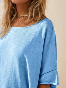 Women's Oversized T Shirts Casual Summer Crew Neck Loose Dropped Short Sleeve Side Slit Hem Blouse Tunic Tops - 藍色 - 查看 4
