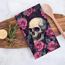 1 set/2 buc prosoape de bucătărie cu model craniu și floral, prosoape de spălat vase, potrivite pentru decorarea interioară în restaurante, bucătării și băi, decorare pentru petreceri, cadouri de festival și pot fi oferite și ca cadouri de Halloween