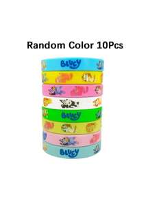 Bluey 10 قطع أو 12 قطعة من أساور سيليكون بأشكال كرتونية ملونة عشوائية لعائلة بلوي وأصدقائهم، أساور مطاطية ناعمة بنمط مرسوم لشخصيات الكلب بينجو وباندت وكريستين هيلر، هدايا وإكسسوارات لحفلات الأطفال والأعياد