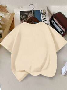 女童卡通印花圆领短袖T恤，春夏休闲风 - 杏色 - 查看 3