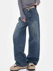 Teen Girl Retro American Style Loose Straight Leg Dark Blue Jeans, Snug Fit - Blue - View 6