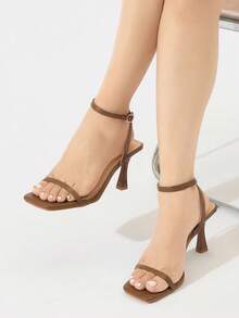 Women's Crystal Decor Open Toe Slip-On Chunky High Heel Sandals, Fashionable & Comfortable For Daily Wear, Outdoor, Gathering, Summer, Brown Mules - Brown - View 2