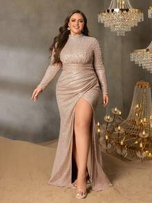Faeriesty Curve Plus Elegant Sequin Evening Gown With Long-Sleeve Mermaid Silhouette & Dramatic Side High Slit – Sophisticated Pearls Details For Luxury Academic Galas, Heritage Estate Banquets & Red Carpet Events - Champagne - View 1