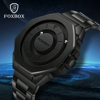 Foxbox Reloj de cuarzo para hombre LIGE de diseño de esfera retro y cool, a prueba de agua, con rotación magnética y cuentas