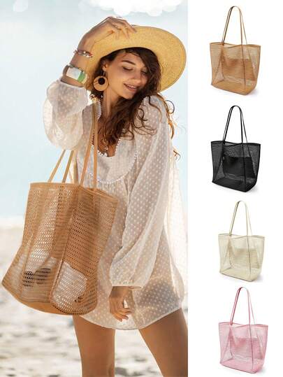 便携沙滩包手提单肩包户外旅行包大号镂空沙滩包大容量折叠收纳袋多口袋网眼旅行1件