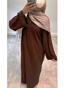 Đầm dài giản dị rộng rãi phong cách Ả Rập Thổ Nhĩ Kỳ thanh lịch màu trơn cho mùa thu/đông - màu nâu - Xem 1