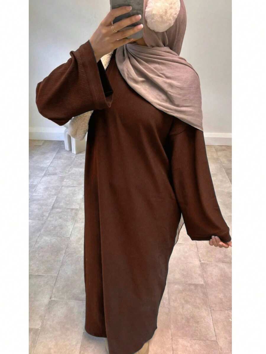 Đầm dài giản dị rộng rãi phong cách Ả Rập Thổ Nhĩ Kỳ thanh lịch màu trơn cho mùa thu/đông - màu nâu - Xem 1