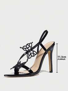 女士高跟鞋，时尚派对和户外穿着，优雅高贵的蝴蝶装饰闪亮皮革踝带尖头凉鞋，黑色