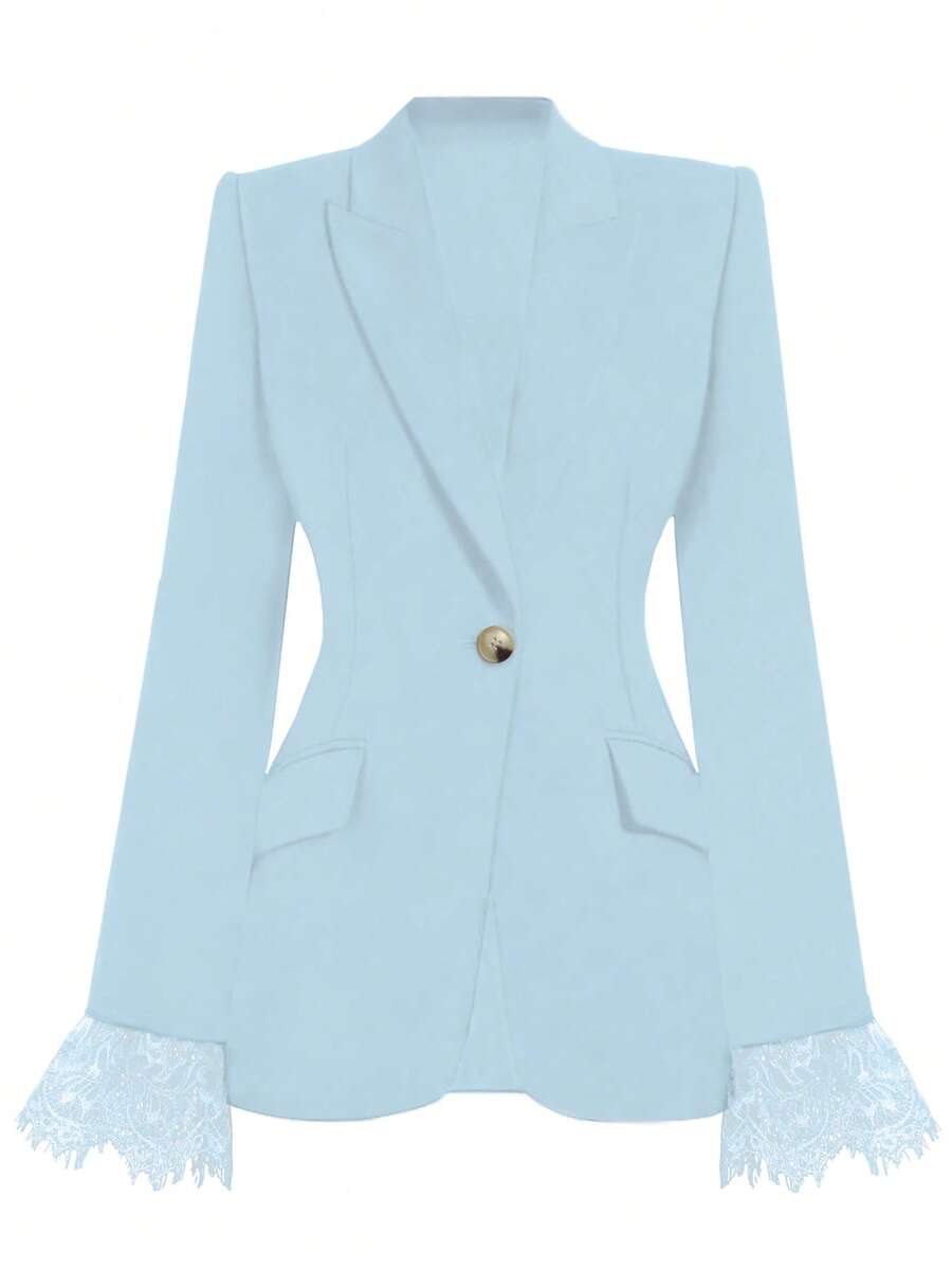 女士时尚优雅纯色撞色蕾丝喇叭袖尖领收腰西装外套 - 藍色 - 查看 1