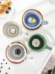 1 件可爱动物陶瓷杯，手绘云朵/花朵图案雕刻杯 - 适用于拿铁、早餐牛奶、创意卡布奇诺杯，是送给可爱风格爱好者的理想礼物 - 單杯 - 查看 3