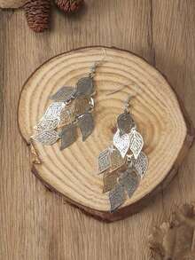 1 Pair Fashionable Retro Hollow Leaf Tassel Earrings For Women, Japanese And Korean Style - Bạc - Xem 4