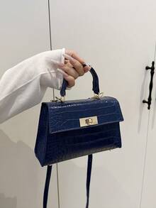 Bolso cuadrado de mano de moda mini unicolor de PU con solapa - Azul Marino - Ver 4