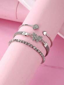3pcs Luxury Simple Personalized Rhinestone Butterfly & Heart Design Stacking Bangle Bracelet Set For Women, Elegant - 銀色 - 查看 3